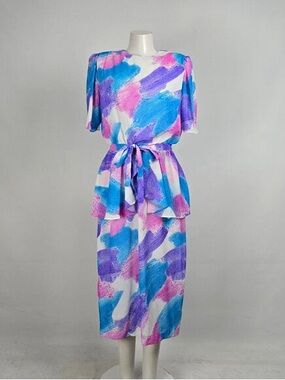 Watercolor Brushstroke Midi Dress in Blue, Purple & Pink